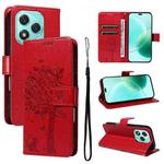 For Honor 400 Lite Tree & Cat Embossed Pattern Flip Leather Phone Case(Red)