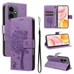 For Honor 400 Global 156.5mm Tree & Cat Embossed Pattern Flip Leather Phone Case(Light Purple)