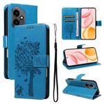 For Honor 400 Global 156.5mm Tree & Cat Embossed Pattern Flip Leather Phone Case(Blue)