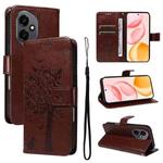 For Honor 400 Global 156.5mm Tree & Cat Embossed Pattern Flip Leather Phone Case(Coffee)
