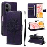For Honor 400 Global 156.5mm Tree & Cat Embossed Pattern Flip Leather Phone Case(Purple)