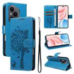 For Honor 400 Pro Global 160.8mm Tree & Cat Embossed Pattern Flip Leather Phone Case(Blue)