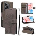 For Honor 400 Pro Global 160.8mm Tree & Cat Embossed Pattern Flip Leather Phone Case(Grey)