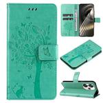 For Xiaomi Poco F6 Tree & Cat Embossed Pattern Flip Leather Phone Case(Green)