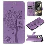 For Xiaomi Poco F6 Tree & Cat Embossed Pattern Flip Leather Phone Case(Light Purple)