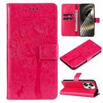 For Xiaomi Poco F6 Tree & Cat Embossed Pattern Flip Leather Phone Case(Rose Red)