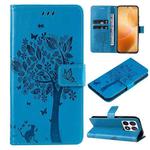 For Xiaomi 14T Pro Tree & Cat Embossed Pattern Flip Leather Phone Case(Blue)