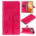 For Xiaomi 14T Pro Tree & Cat Embossed Pattern Flip Leather Phone Case(Rose Red)