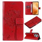 For Xiaomi 14T Pro Tree & Cat Embossed Pattern Flip Leather Phone Case(Red)