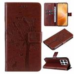 For Xiaomi 14T Pro Tree & Cat Embossed Pattern Flip Leather Phone Case(Coffee)