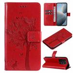 For Xiaomi 14T Tree & Cat Embossed Pattern Flip Leather Phone Case(Red)