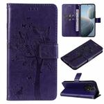 For Xiaomi 14T Tree & Cat Embossed Pattern Flip Leather Phone Case(Purple)