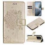 For Xiaomi 14T Tree & Cat Embossed Pattern Flip Leather Phone Case(Gold)