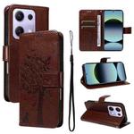 For Xiaomi Poco M6 Pro 4G Global Tree & Cat Embossed Pattern Flip Leather Phone Case(Coffee)