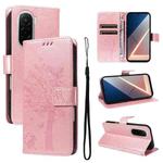 For Xiaomi Poco M7 4G 169mm Tree & Cat Embossed Pattern Flip Leather Phone Case(Rose Gold)