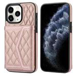 For iPhone 11 Pro Max Splicing Rhombic Texture Card Bag Phone Case with Long Lanyard(Rose Gold)