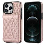 For iPhone 12 Pro Max Splicing Rhombic Texture Card Bag Phone Case with Long Lanyard(Rose Gold)