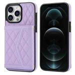 For iPhone 12 Pro Max Splicing Rhombic Texture Card Bag Phone Case with Long Lanyard(Purple)