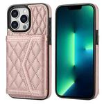 For iPhone 13 Pro Max Splicing Rhombic Texture Card Bag Phone Case with Long Lanyard(Rose Gold)