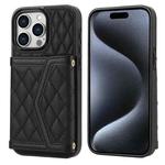 For iPhone 15 Pro Splicing Rhombic Texture Card Bag Phone Case with Long Lanyard(Black)