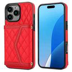 For iPhone 16 Pro Max Splicing Rhombic Texture Card Bag Phone Case with Long Lanyard(Red)