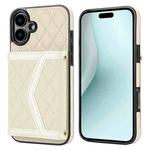 For iPhone 16 Plus Splicing Rhombic Texture Card Bag Phone Case with Long Lanyard(Beige)