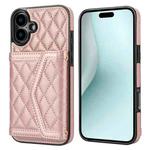 For iPhone 16 Plus Splicing Rhombic Texture Card Bag Phone Case with Long Lanyard(Rose Gold)