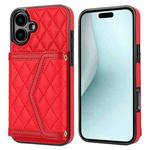 For iPhone 16 Splicing Rhombic Texture Card Bag Phone Case with Long Lanyard(Red)