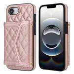 For iPhone 16e Splicing Rhombic Texture Card Bag Phone Case with Long Lanyard(Rose Gold)