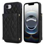 For iPhone 16e Splicing Rhombic Texture Card Bag Phone Case with Long Lanyard(Black)