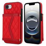 For iPhone 16e Splicing Rhombic Texture Card Bag Phone Case with Long Lanyard(Red)