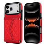 For iPhone 17 Pro Max Splicing Rhombic Texture Card Bag Phone Case with Long Lanyard(Red)
