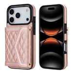 For iPhone 17 Pro Splicing Rhombic Texture Card Bag Phone Case with Long Lanyard(Rose Gold)