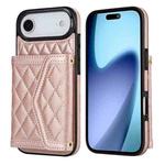 For iPhone 17 Air Splicing Rhombic Texture Card Bag Phone Case with Long Lanyard(Rose Gold)