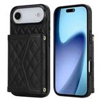 For iPhone 17 Air Splicing Rhombic Texture Card Bag Phone Case with Long Lanyard(Black)