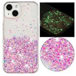 For iPhone 14 Plus Transparent Frame Noctilucent Glitter Powder TPU Phone Case(Pink)