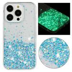 For iPhone 14 Pro Transparent Frame Noctilucent Glitter Powder TPU Phone Case(Blue)