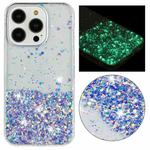 For iPhone 14 Pro Max Transparent Frame Noctilucent Glitter Powder TPU Phone Case(Purple)