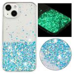 For iPhone 15 Plus Transparent Frame Noctilucent Glitter Powder TPU Phone Case(Blue)