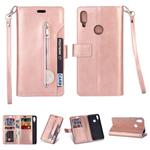 For Xiaomi Redmi Note 7 / Note 7 Pro / Note 7S Multifunctional Zipper Horizontal Flip Leather Case with Holder & Wallet & 9 Card Slots & Lanyard(Rose Gold)