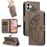 For iPhone 16 Plus Swallowtail Butterfly Embossed Leather Phone Case(Grey)