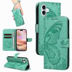 For iPhone 16 Plus Swallowtail Butterfly Embossed Leather Phone Case(Green)