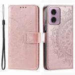 For Motorola Moto G85 Totem Flower Embossed Leather Phone Case with Lanyard(Rose Gold)