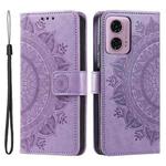 For Motorola Moto G85 Totem Flower Embossed Leather Phone Case with Lanyard(Purple)