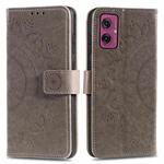 For Motorola Moto G55 Totem Flower Embossed Leather Phone Case with Lanyard(Grey)