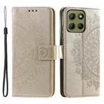 For Motorola Moto G15 Totem Flower Embossed Leather Phone Case with Lanyard(Gold)