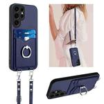 For Samsung Galaxy S24 Ultra 5G R20 Crossbody Rope Ring Card Holder Phone Case(Blue)