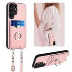 For Samsung Galaxy S23 Ultra 5G R20 Crossbody Rope Ring Card Holder Phone Case(Pink)