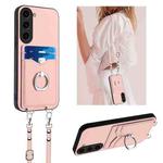 For Samsung Galaxy S23 5G R20 Crossbody Rope Ring Card Holder Phone Case(Pink)