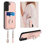 For Samsung Galaxy S22+ 5G R20 Crossbody Rope Ring Card Holder Phone Case(Pink)